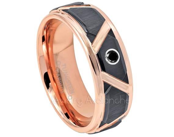 November Birthstone Ring 8mm Rose Gold Inner Comfort Fit Beveled Edge 2-Tone Tungsten Wedding Band 0.07ct Smokey Quartz Solitaire Ring