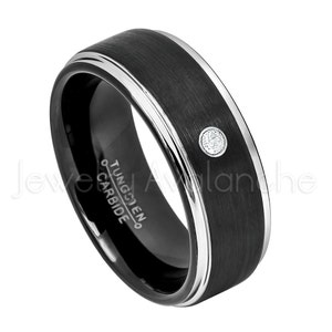2-Tone Black Tungsten Ring, 0.07ct Solitaire Diamond Ring, April Birthstone, Brushed Black IP Comfort Fit Tungsten Wedding Ring