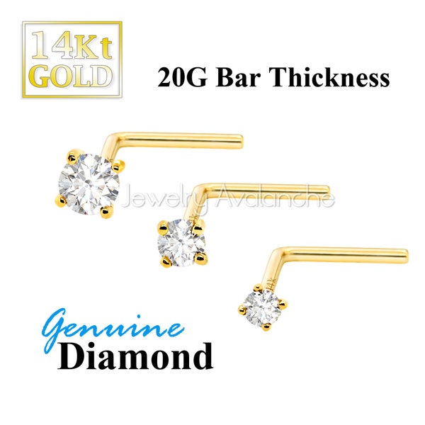 Solid 20G 14kt Gold Diamond L-Shape Nose Stud, L-Bend Stud Prong Set Genuine Diamonds, 14kt Yellow Gold or 14kt White Gold Unisex Nose Stud