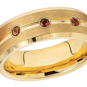 3-Stone Garnet Tungsten Ring, 8mm Yellow Gold IP Grooved Center Tungsten Carbide Wedding Band, Beveled Comfort Fit Tungsten Ring TN724BS