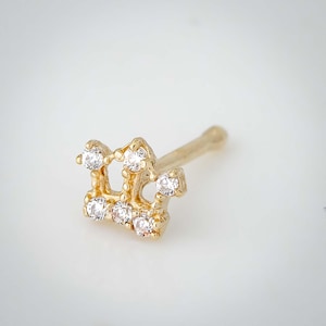 Solid 14kt Yellow Gold Crown Nose Bone Stud with Prong Set CZ, 22G Ball End Nose Stud, Crown Nose Ring, Unisex Nose Piercing Jewelry