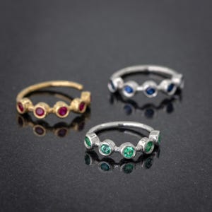 Personalized Solid 14K Gold Nose Ring, 20G Bezel Set 5-STONE Gemstone-Diamond Nose Hoop, 8mm Birthstone Nostril Ring, Cartilage Helix Ring