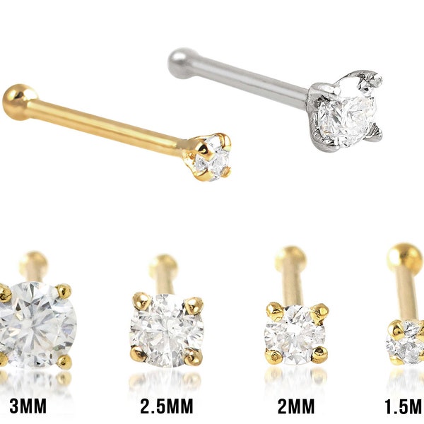 Solid 14kt Gold Moissanite Nose Ring, 22G Nose Bone Stud Prong Set Moissanite, 14kt Yellow Gold or 14kt White Gold Ball End Stud