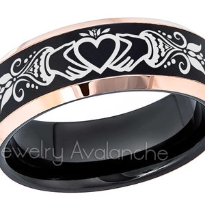 Celtic Claddagh Tungsten Ring, 2-Tone Rose Gold & Black Beveled Tungsten Ring, Comfort Fit Tungsten Carbide Wedding Ring TN781CLD