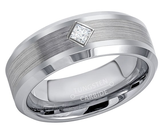 0.10ctw Solitaire Princess Cut Ruby Tungsten Ring July Birthstone Ring 8MM Polished Beveled Edge Black Tungsten Carbide Wedding Band