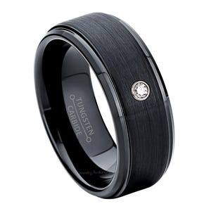 Mens Diamond Band, 8MM Black Tungsten Carbide Ring, Wedding Band for Men, Ring with Round Diamond, Tungsten Diamond Ring, Anniversary Ring