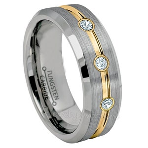 3-Stone Diamond Tungsten Ring, 7mm Brushed Finish Grooved Center Tungsten Carbide Wedding Band, 2-Tone Comfort Fit Tungsten Ring TN131BS