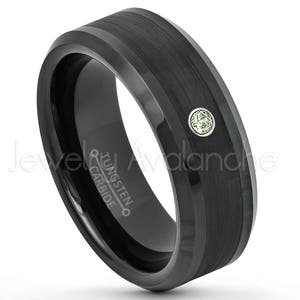 Men&#39;s Black Tungsten Ring, 0.07ct Peridot Ring, August Birthstone Ring, 8mm Beveled Edge Comfort Fit Black IP Tungsten Wedding Band