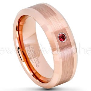 Rose Gold Tungsten Ring, 0.07ct Mens Garnet Ring, January Birthstone Ring, 8mm Beveled Edge Comfort Fit Tungsten Wedding Band TN732BS