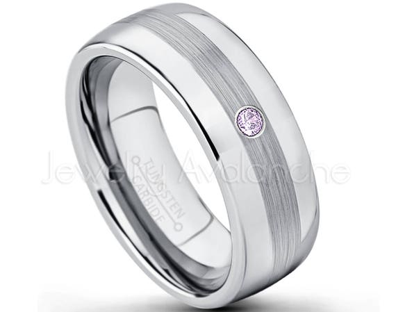 0.21ctw Amethyst /& Diamond 3-Stone Anniversary Band February Birthstone Ring 8mm Pipe Cut Black Tungsten Carbide Ring Tungsten Wedding Ring