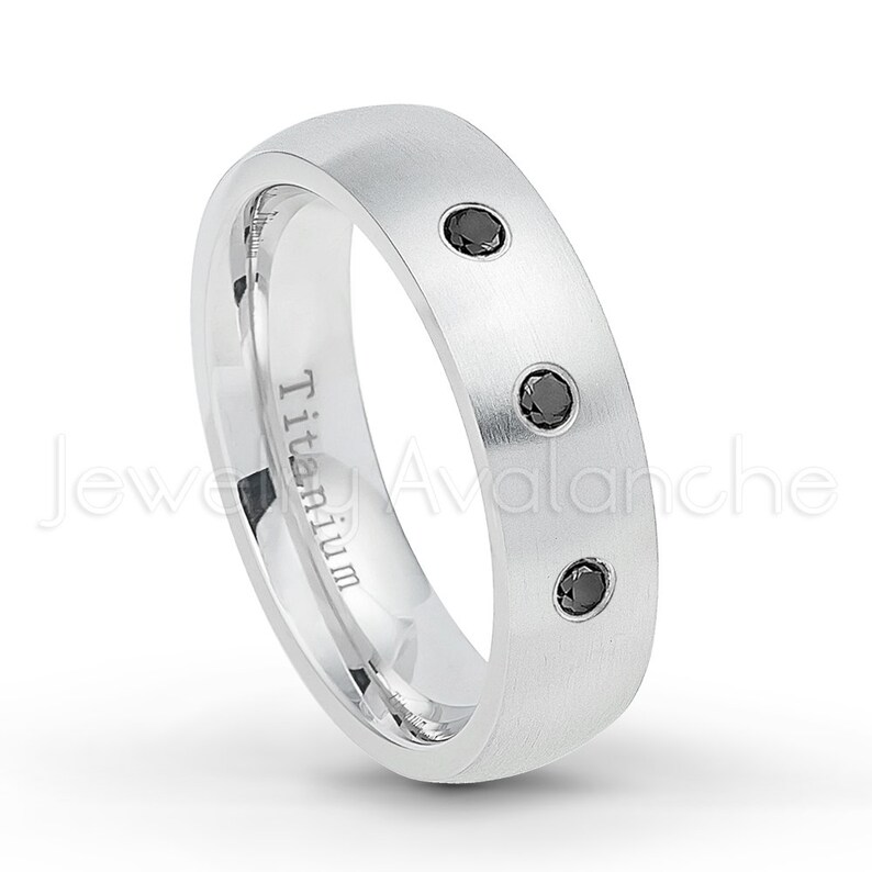 3-Stone Titanium Wedding Band 0.21ctw Diamond Titanium Band 6mm Brushed Finish Classic Dome Comfort Fit White Titanium Ring TM561-3WD