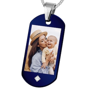 Personalized Photo Necklace Pendant with Birthstone Gemstone -Blue Dog Tag Tungsten Pendant - Father&#39;s Day - Gifts for Him