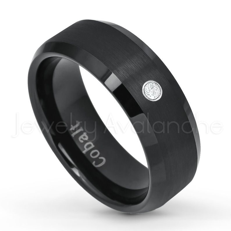 Brushed Finish Black IP Comfort Fit Beveled Edge Cobalt Wedding Band Anniversary Ring CT395 Mens Black Cobalt Ring 0.07ct Diamond Ring