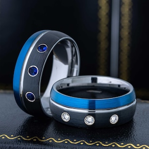 Gepersonaliseerde zwarte en blauwe koepel wolfraam trouwring edelsteenring, op maat gemaakte geboortesteenring voor heren, optie diamant