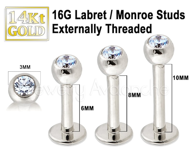 Unisex Tragus Stud Nose Stud 14kt Yellow Gold Labret Stud 16G Monroe Stud w 3MM Ball Sold per piece Lip Ring CZ Accented Lip Piercing