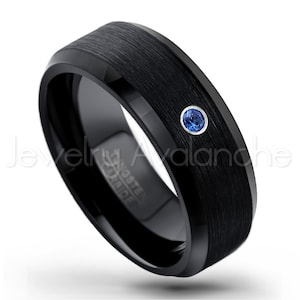 0,07 kt blauwe saffier wolfraam ring, 8 mm comfortabele pasvorm zwarte wolfraamcarbide met afgeschuinde rand, trouwring september geboortesteen TN166BS