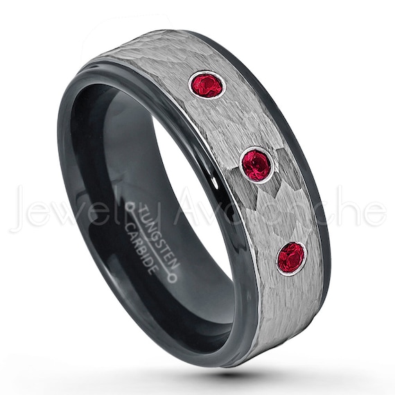 8mm Blue Tungsten Ring March Birthstone Ring Comfort Fit 2-Tone Pipe Cut Tungsten Carbide Ring Tungsten Wedding Ring 0.21ctw Aquamarine /& Diamond 3-Stone WeddingBand