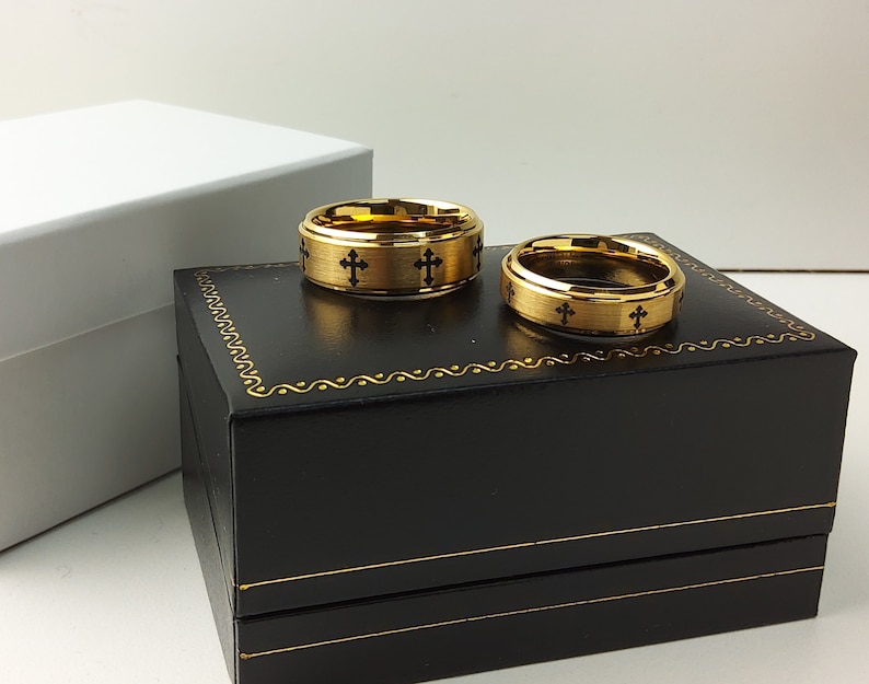 6mm-8mm Yellow Gold IP Tungsten Wedding Rings Bride and Groom Anniversary Rings TN720-719CS Laser Engraved Cross Tungsten Wedding Band Set