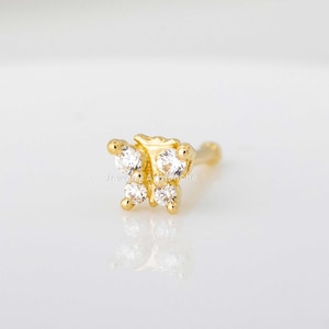 14K Solid Gold 20g - 4-Stone Cubic Zirconia Butterfly Shape - Nose Bone | Nose Screw | L-Shape - Unisex Nose Ring, Nose Piercing Jewelry