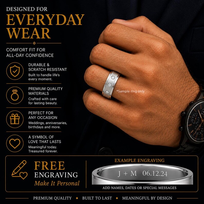 Anillo de tungsteno negro con corte tubular y esmeralda, alianza de boda para hombre, anillo con piedra preciosa verde, regalo para él. imagen 3