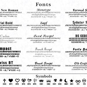 Peut inclure: Sur un fond blanc, une vari&eacute;t&eacute; de polices sont pr&eacute;sent&eacute;es, notamment Times New Roman, Arial Bold et Impact. L'image pr&eacute;sente &eacute;galement divers symboles, tels que des croix, des c&oelig;urs, des couronnes et des tr&egrave;fles.