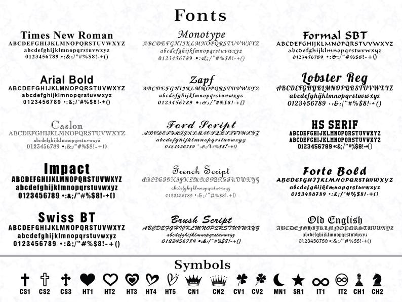 Peut inclure: Sur un fond blanc, une vari&eacute;t&eacute; de polices sont pr&eacute;sent&eacute;es, notamment Times New Roman, Arial Bold et Impact. L'image pr&eacute;sente &eacute;galement divers symboles, tels que des croix, des c&oelig;urs, des couronnes et des tr&egrave;fles.