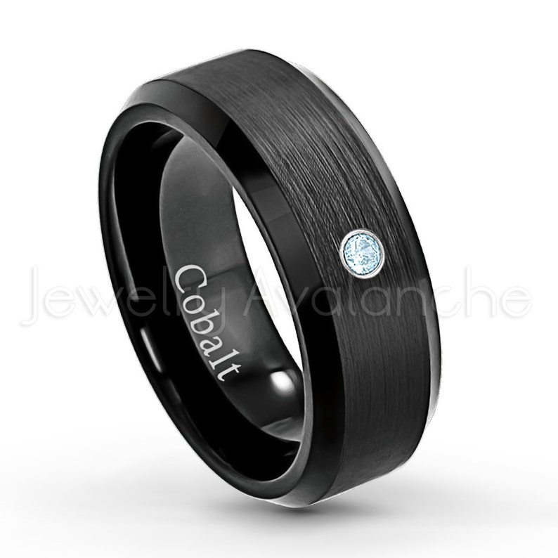 8mm Men/'s Anniversary Ring 0.07ct Topaz Ring Black IP Brushed Finish /& Beveled Edge Cobalt Wedding Band CT414 November Birthstone Ring