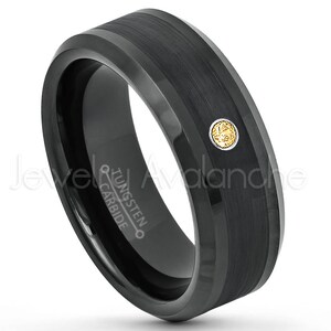 November Birthstone Ring, Men&#39;s Black Tungsten Ring, 0.07ct Citrine Ring, 8mm Beveled Edge Comfort Fit Tungsten Wedding Band