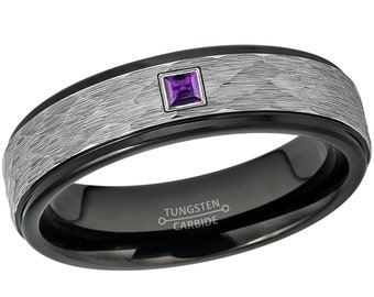 Custom-made 0.05ct Princess Cut Amethyst Tungsten Ring, 2-Tone Hammered Stepped Tungsten Carbide Wedding Band, 6mm Anniversary Band TN789PS