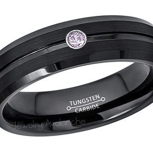 Black IP Tungsten Wedding Ring, 0.07ct Amethyst Birthstone Ring, 6mm Beveled Edge Grooved Center Tungsten Carbide Anniversary Band TN749BS