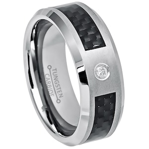 0,07 kt diamant en edelsteen wolfraamring voor heren, jubileumring 8 mm met koolstofvezelinleg comfort fit wolfraamcarbide trouwring