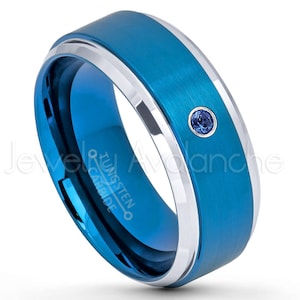 Tweekleurige blauwe wolfraamring, 0,07 kt blauwe saffierring, ring september geboortesteen, 9 mm geborstelde comfortabele pasvorm wolfraam trouwring heren