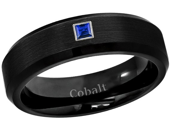 September Birthstone Ring 6MM Polished Finish Beveled Edge Cobalt Chrome Wedding Band 0.05ctw Solitaire Princess Cut Blue Sapphire Cobalt Ring