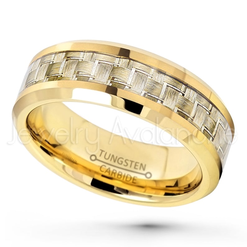 8mm Polished Yellow Gold Plated Comfort Fit Beveled Edge Tungsten Carbide Ring w Golden Carbon Fiber Inlay Tungsten Wedding Band TN341PL