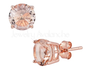 Rose Gold Plated .925 Sterling Silver Stud Earrings with Champagne Color CZ, Prong Set Stud Earrings, Round CZ Solitaire Earrings