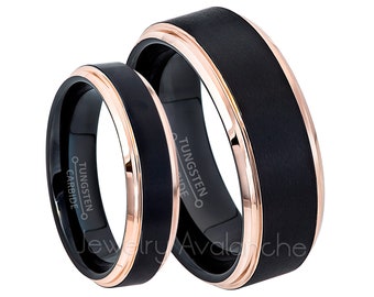 Rose Gold & Black IP Tungsten Wedding Band Set, 6mm-8mm 2-Tone Tungsten Wedding Rings, Bride and Groom Ring, Anniversary Rings TN780-779