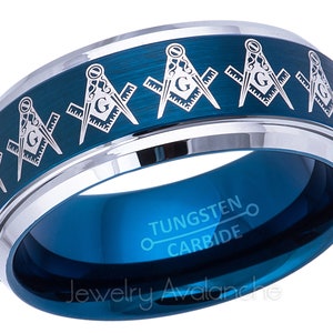 Blue IP Masonic Tungsten Ring 360 Engraving, Freemason Masonic Symbol Tungsten Ring, 9MM Comfort Fit Tungsten Carbide Wedding Ring