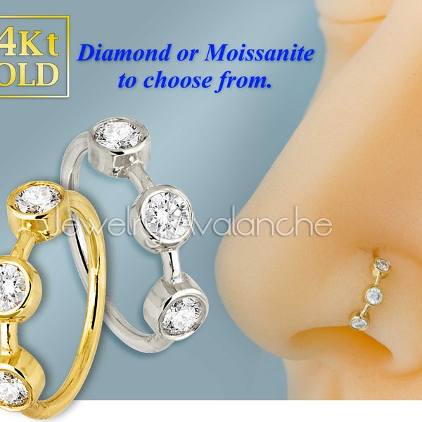 8mm Bezel Set 3-STONE Moissanite/Diamond Nose Hoop, 20g Solid 14kt Yellow Gold Nose Ring, Cartilage Helix Ring, Tragus Ring