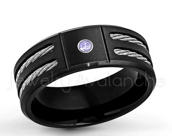 0.07ct Men's Tanzanite Ring, December Birthstone Ring, Black IP Brushed Finish Comfort Fit Titanium Ring, Double Cable Men's Ring TM553-1TZN