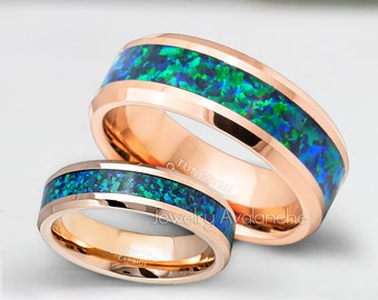 Set di fedi nuziali in tungsteno con inserto aperto verde smeraldo e bordo smussato IP in oro rosa, fedi nuziali da 6mm-8mm, anello per sposa e sposo - TN1048-881