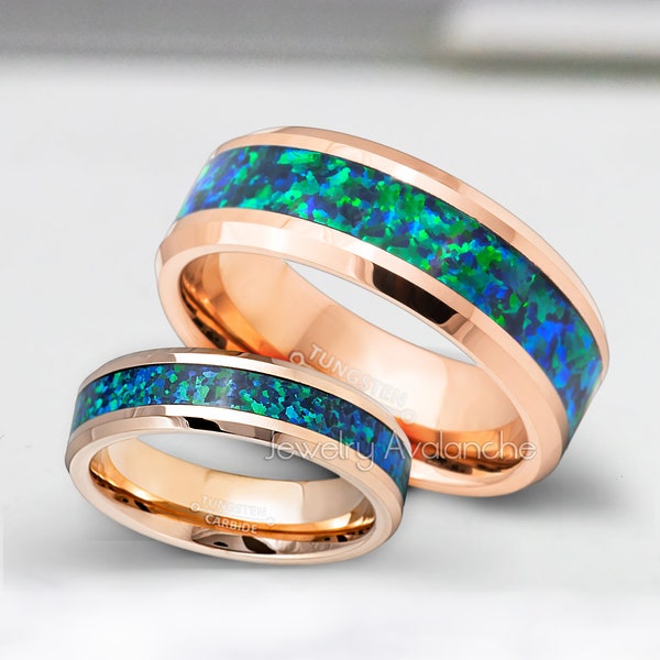 Rose Gold IP Beveled Edge Emerald-Green Open Inlay Tungsten Wedding Band Set, 6mm-8mm Wedding Rings, Bride and Groom Ring - TN1048-881