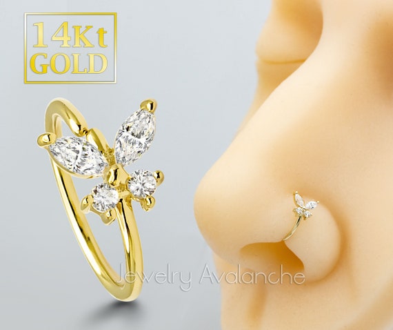 Solid 14kt Yellow Gold Butterfly Nose Ring 21G 8mm Nose Hoop Ring