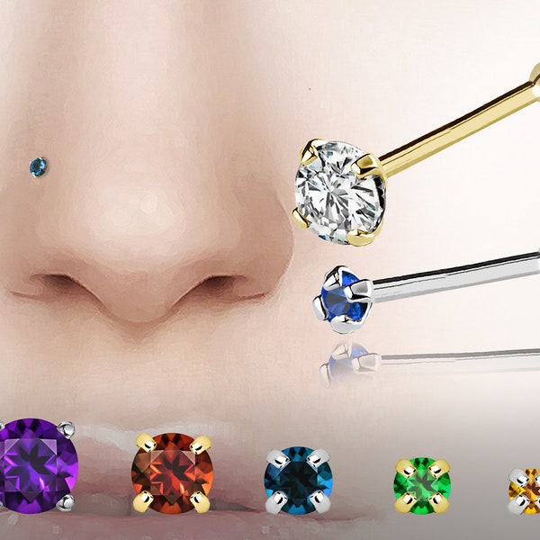 Personalized Gemstone Nose Stud - 22G Solid 14Kt Gold Nose Bone Stud with your choice of Birthstone - Made of 14Kt White Gold or Yellow Gold