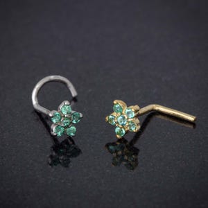 6-Stone Emerald Flower Nose Stud 22G Solid 14kt Gold Nose Ring Stud, Nose Screw Stud, Ball-end, L-Shape Nose Stud Natural Emerald Gemstones