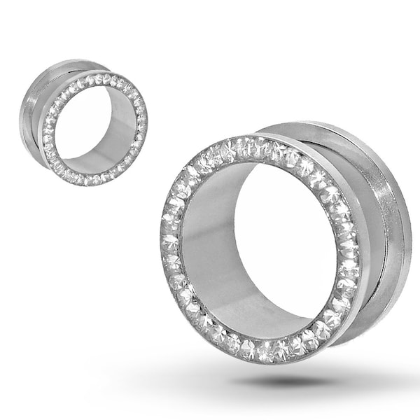 Pair of Screw-on Polished Surgical Steel Ear Tunnel Plugs with Clear Silicone Coated CZ Halo,Ear Lobe Piercing Jewelry,Body Jewlery BDJ0185