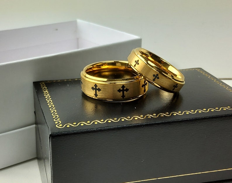 6mm-8mm Yellow Gold IP Tungsten Wedding Rings Bride and Groom Anniversary Rings TN720-719CS Laser Engraved Cross Tungsten Wedding Band Set