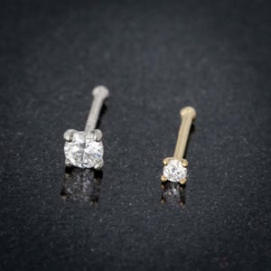 Solid 14kt Gold Moissanite Nose Ring, 22G Nose Bone Stud Prong Set Moissanite, 14kt Yellow Gold or 14kt White Gold Ball End Stud