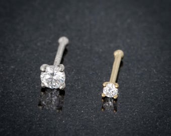 Solid 14kt Gold Moissanite Nose Ring, 22G Nose Bone Stud Prong Set Moissanite, 14kt Yellow Gold or 14kt White Gold Ball End Stud