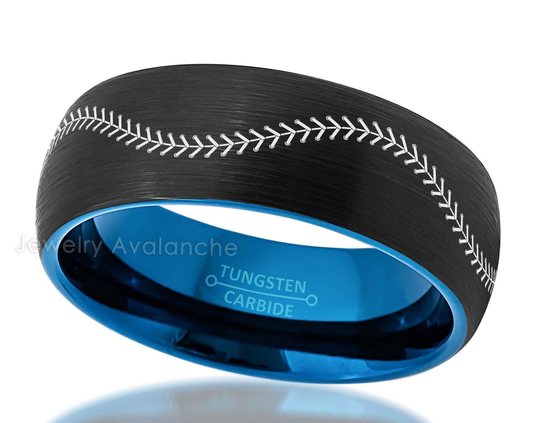 Baseball Stitch Pattern Laser Engraved Tungsten Ring 8mm Dome Black