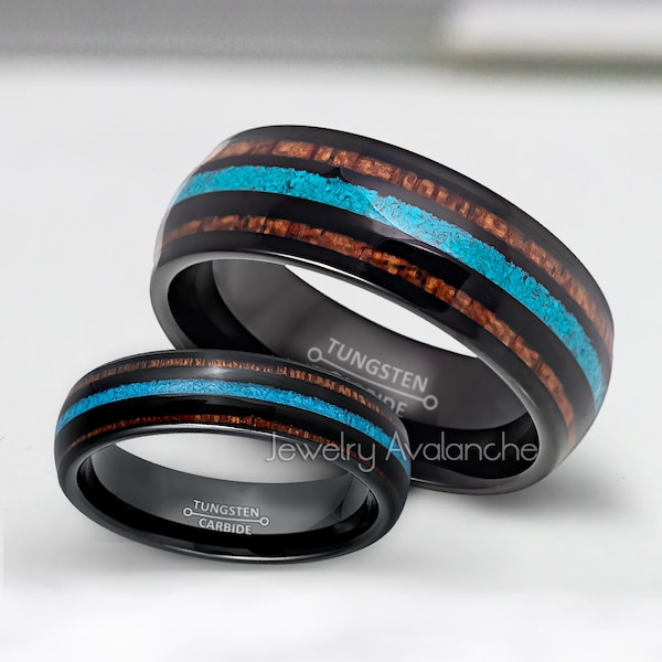 Dome Black IP Koa Wood & Turquoise Inlay Wedding Band Set, 6mm-8mm Tungsten Wedding Rings, Bride and Groom Ring, Anniversary Ring-TN1027-827